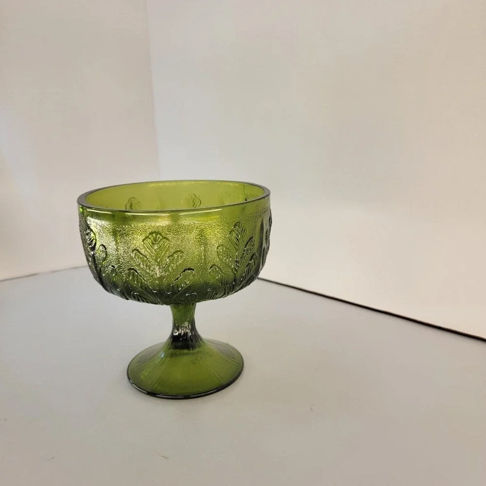 Vintage FTD Avocado Green Pedestal Compote Bowl Oak Leaf Candy Dish 1975 Retro